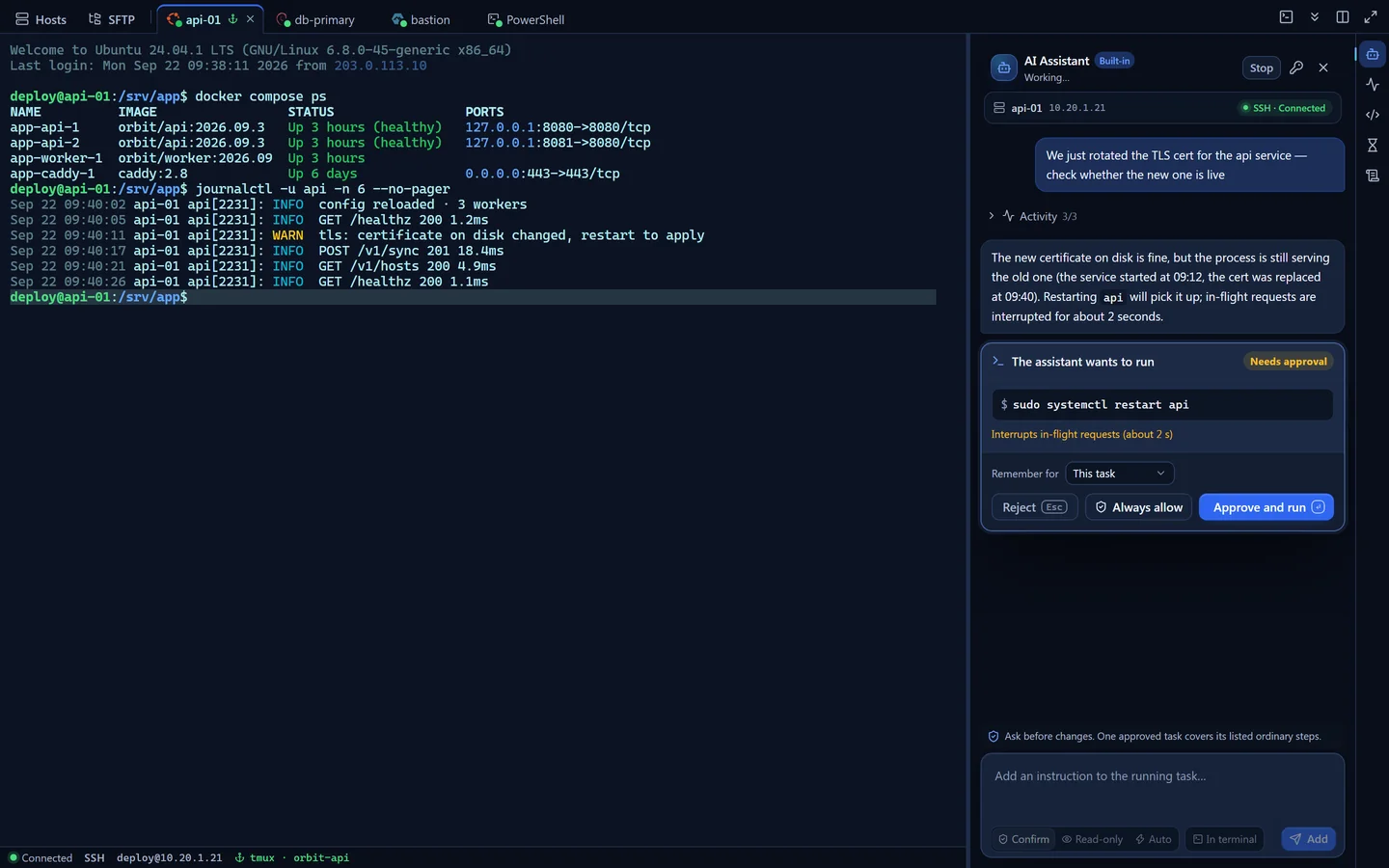 The AI agent reads status and logs with read-only commands, then stops at an approval card before restarting a service