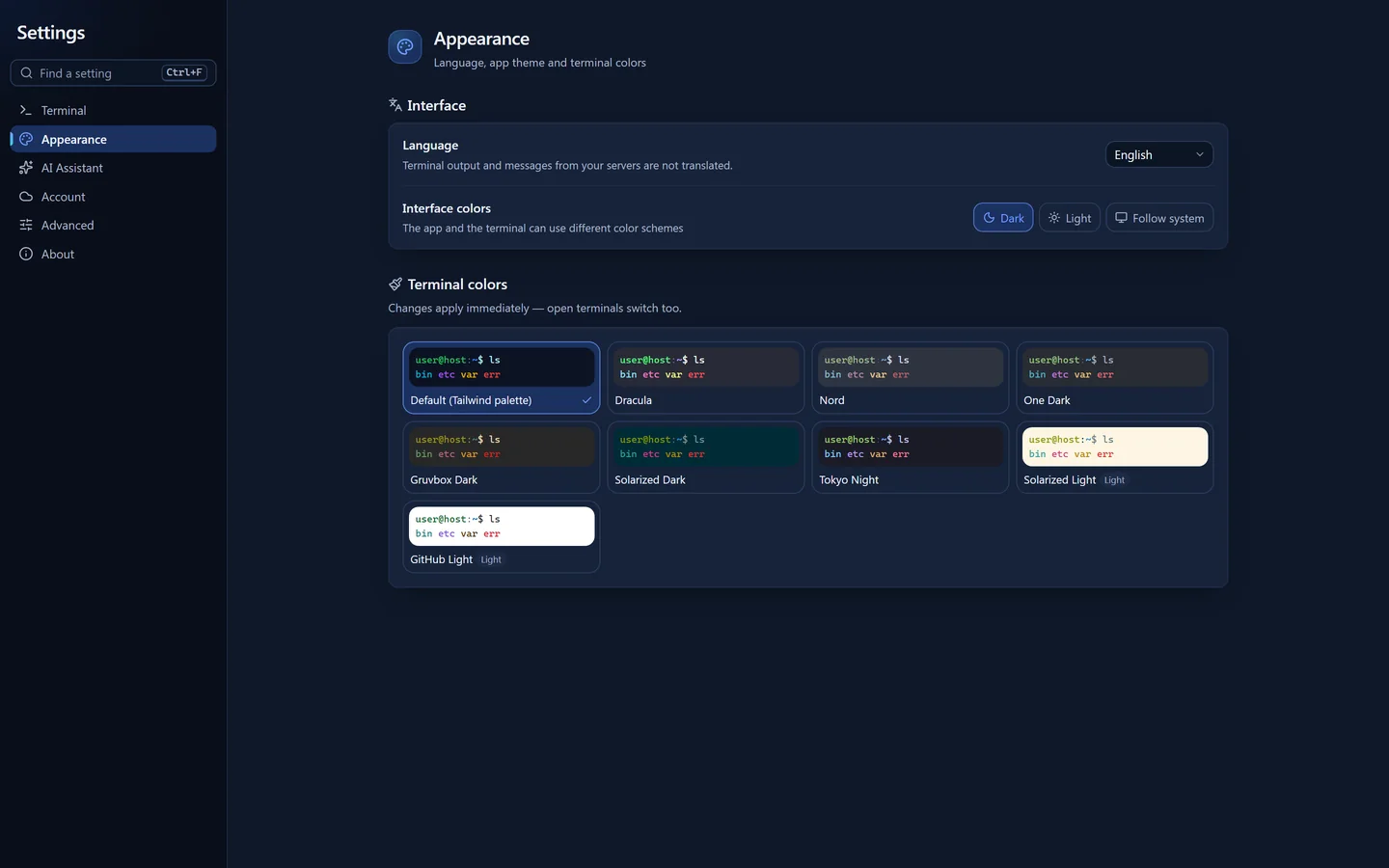 Appearance settings: light, dark or system theme for the app, and nine terminal color schemes