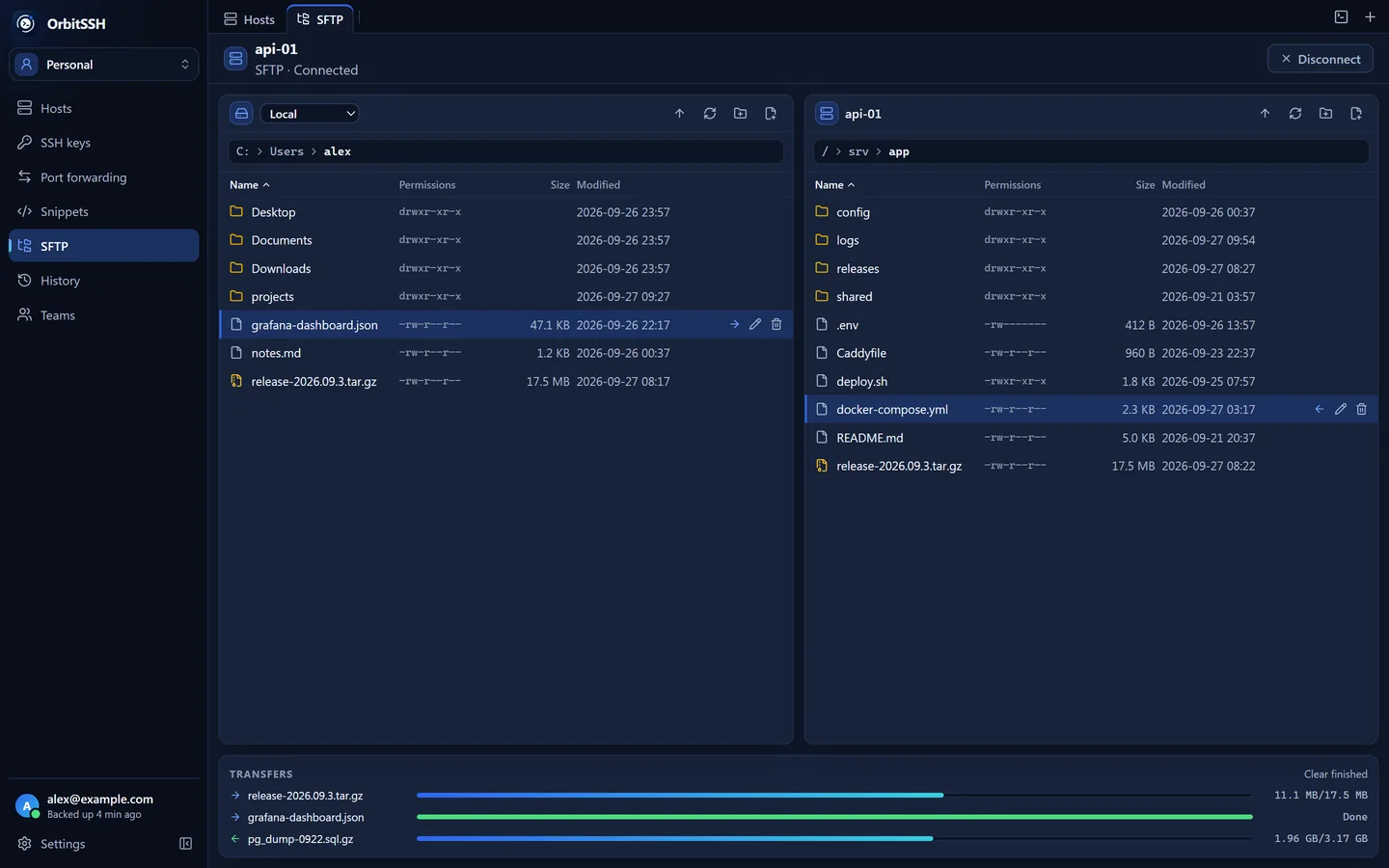 Two-pane SFTP: local files on the left, the server on the right, transfers with progress below
